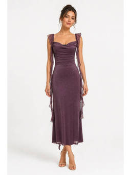 Cider - Solid Glitter Women’s Cowl Neck Ruffle Hem Maxi Dress Berry