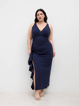 Cider - V-Neck Women's Asymmetrical Ruffle Hem Maxi Dress Navy Blue