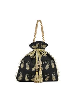 Lavie Signature - Womens Black Ely Paisley Embellished Potli Bag (M)