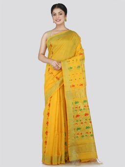 PinkLoom - Women's Cotton Blend Saree with Unstitched Blouse Piece, Yellow