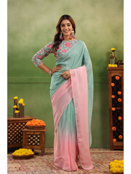 Moora - Ombre Organza Saree with Printed Unstitched Blouse