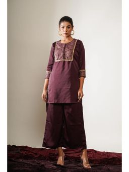 Keva Clothing - Women Maroon Satin Kurta with Palazzo
