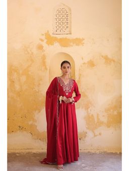 "Two Sisters" by Gyans - Crimson Majestic Embroidered Floor-Length Anarkali
