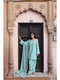 "Two Sisters" by Gyans - Green Thread Work Boat Neck Cotton Kurta with Salwar and Dupatta