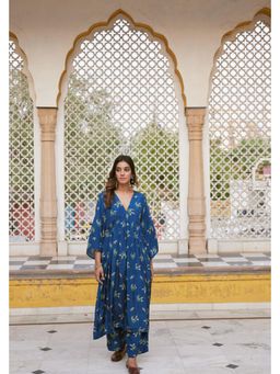 CHARU MAKKAR - Blue V-Neck Floral Printed Anarkali Kurta with Palazzo