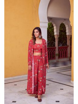 CHARU MAKKAR - Red Scoop Neck Floral Printed Top with Pant and Jacket