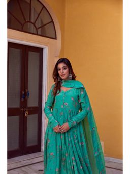CHARU MAKKAR - Green V-Neck Floral Printed Kurta with Palazzo and Dupatta