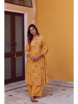 CHARU MAKKAR - Yellow Round Neck Floral Printed Kurta with Palazzo and Dupatta