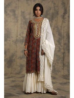 Keva Clothing - Women Maroon Cotton Lurex Kurta with Sharara and Dupatta