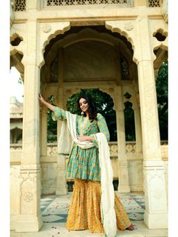 Keva Clothing - Women Green Cotton Kurta with Sharara and Dupatta