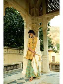 Keva Clothing - Women Yellow Cotton Kurta with Sharara and Dupatta