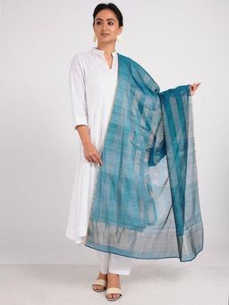Sonal Kabra - Women Teal Cotton Silk Woven Dupatta