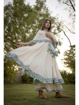 Keva Clothing - Women Off White Cotton Lurex Kurta with Palazzo and Dupatta