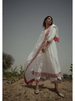 Keva Clothing - Women White Cotton Lurex Kurta with Palazzo and Dupatta