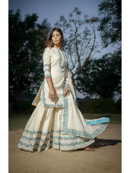 Keva Clothing - Women's Off White Cotton Lurex Kurta with Sharara and Dupatta