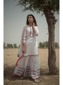 Keva Clothing - Women Off White Cotton Lurex Kurta with Sharara and Dupatta
