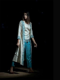 Keva Clothing - Women Off White Cotton Lurex Top with Cape and Pant