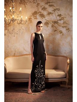 SAKSHI G CHAWLA - Crepe Boat Neck Black Embroidered Dress