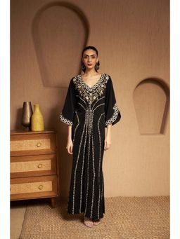 SAKSHI G CHAWLA - Crepe V-Neck Black Embroidered Kaftan Dress