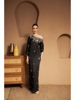 SAKSHI G CHAWLA - Crepe Off Shoulder Black Embroidered Kaftan Dress