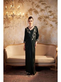 SAKSHI G CHAWLA - Satin V-Neck Green Floral Kaftan Dress