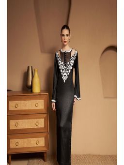 SAKSHI G CHAWLA - Lurex V-Neck Black Embroidered Kaftan Dress