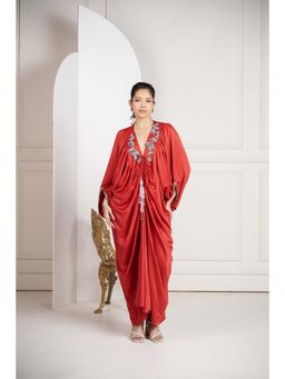 SAKSHI G CHAWLA - Crepe V-Neck Red Embroidered Kaftan Dress