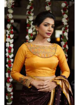 Isadora Life - Women Mustard Silk Solid,Printed Stitched Blouse