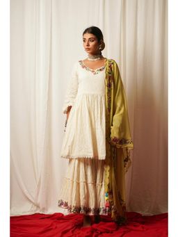 Keva Clothing - Women Ivory Cotton Lurex Kurta with Sharara and Dupatta