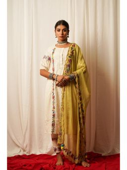 Keva Clothing - Women Ivory Cotton Lurex Kurta with Pant and Dupatta
