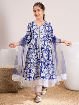 PSPeaches - Girls Blue Anarkali Kurta with Palazzo and Dupatta (Set of 3)