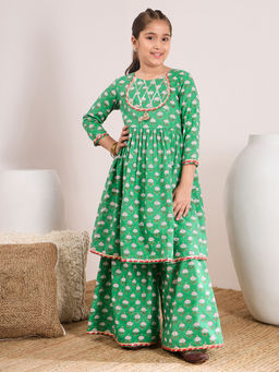 PSPeaches - Girls Green Kurta with Sharara (Set of 2)