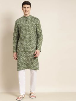 SOJANYA - Men Cotton Mehendi & White Printed Kurta with White Churidar Pyjama (Set of 2)