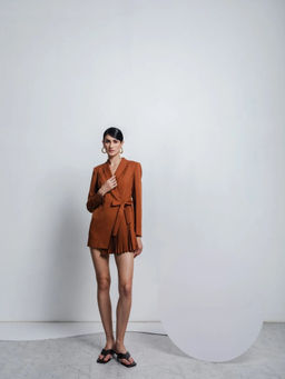 ZOSIA - Brown Sadie Solid Full Sleeves Shawl Lapel Mini Dress