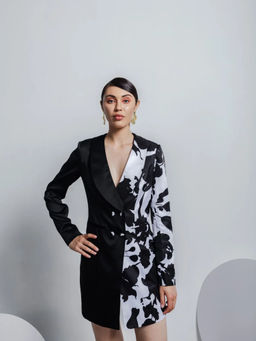 ZOSIA - Black Esme Floral Printed Full Sleeves Shawl Lapel Mini Dress