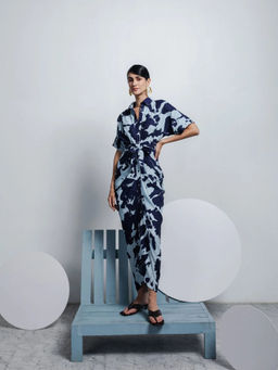 ZOSIA - Navy Blue Maisie Floral Printed Half Sleeves Collar Neck Maxi Dress With Belt (Set of 2)