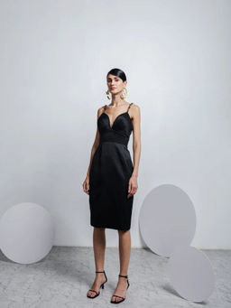 ZOSIA - Black Edna Solid Sleeveless Shoulder Straps Knee Length Dress