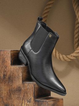 EL PASO - Women Black Faux Leather Casual Slip On Chelsea Boots
