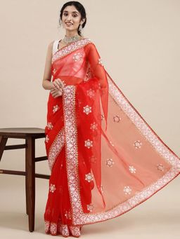 Vastranand - Red Ethnic Motifs Embroidered Organza Saree with Unstitched Blouse