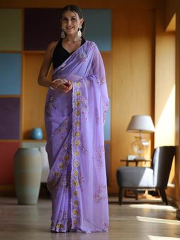 Odette - Purple Georgette Printed Saree with Unstitched Blouse