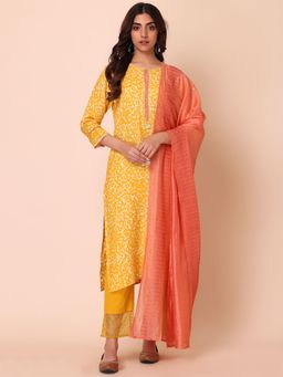 Indya - Yellow Batik Print Kurta With Pants And Peach Dupatta (Set of 3)