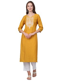 Cantabil - Women Mustard Self Design Three Fourth Sleeves Casual Kurti