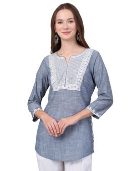 Cantabil - Women Blue Embroidery Three Fourth Sleeves Casual Kurti