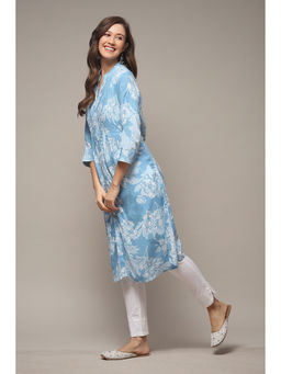 Biba - Womens Teal Printed Rayon Straight Kurta