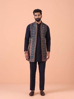 KISAH - Navy Blue Woven Design Kurta with Jacket & Trouser (Set of 3)