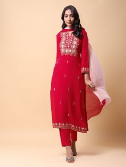 Aarke Ritu Kumar - Red Embroidered Kurta with Pant and Dupatta (Set of 3)