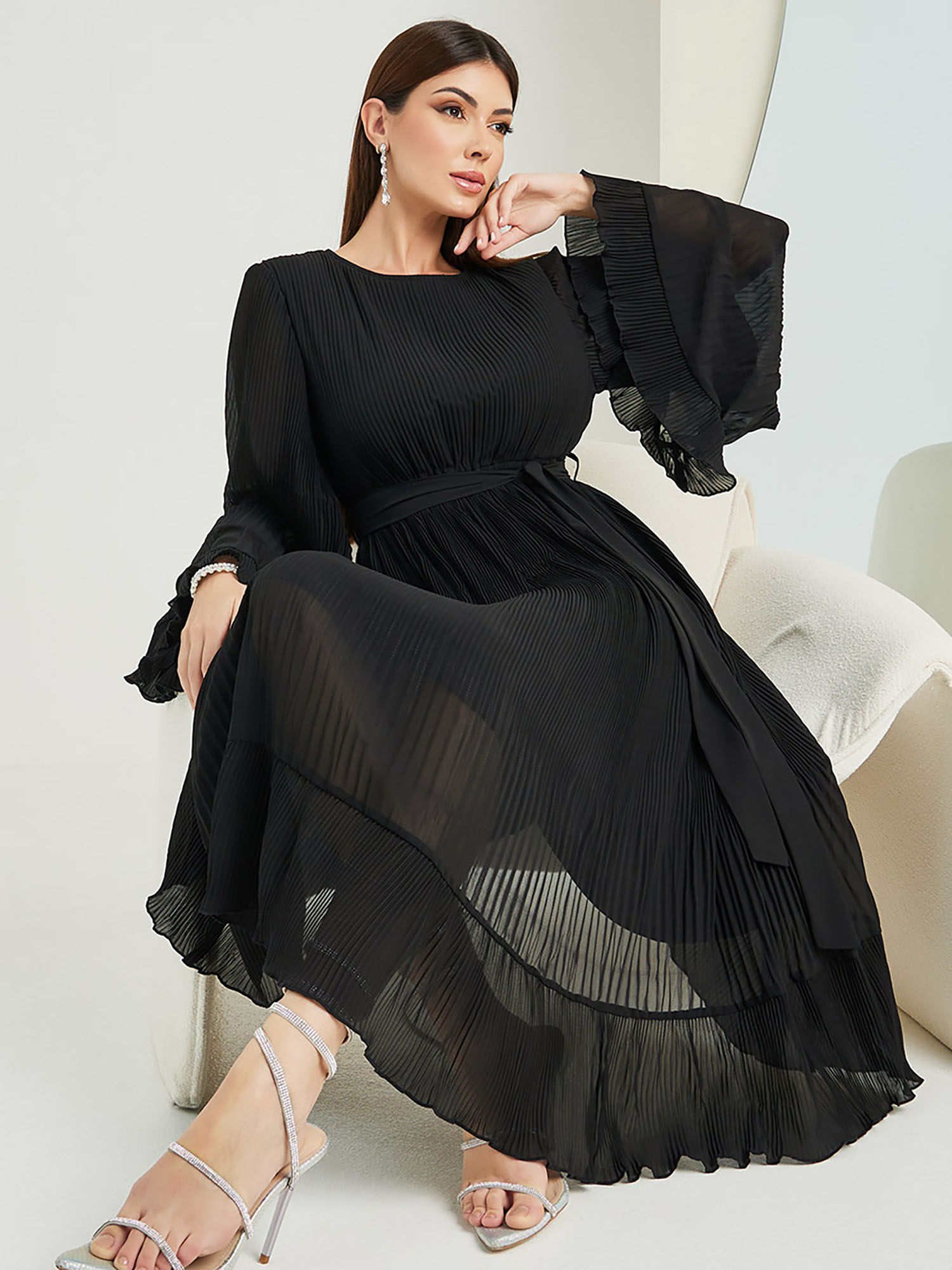 styli Womens Black Plisse Flute Sleeve A-Line Midi Dress with Belt (Set of 2)-picture-22