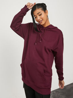 Styli - Womens Burgundy Longline Be Kind Slogan Regular Fit Hoodie Cotton