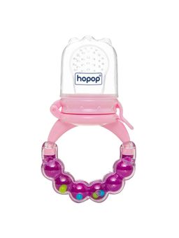 Hopop - Silicone Baby Fruit Feeder with Rattle Handle Teether & Food Nibbler Pink & Purple