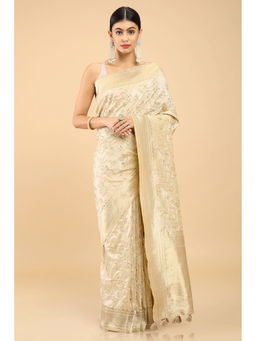 Soch - Beige Tussar Embroidered Saree with Unstitched